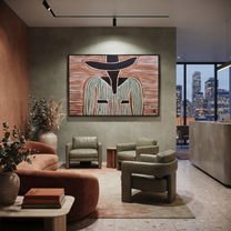 Green Lines Divide Brown – Green Striped Figure painting by Adrian Lee, mid-century modern horizontal wall art – styled room scene view 4