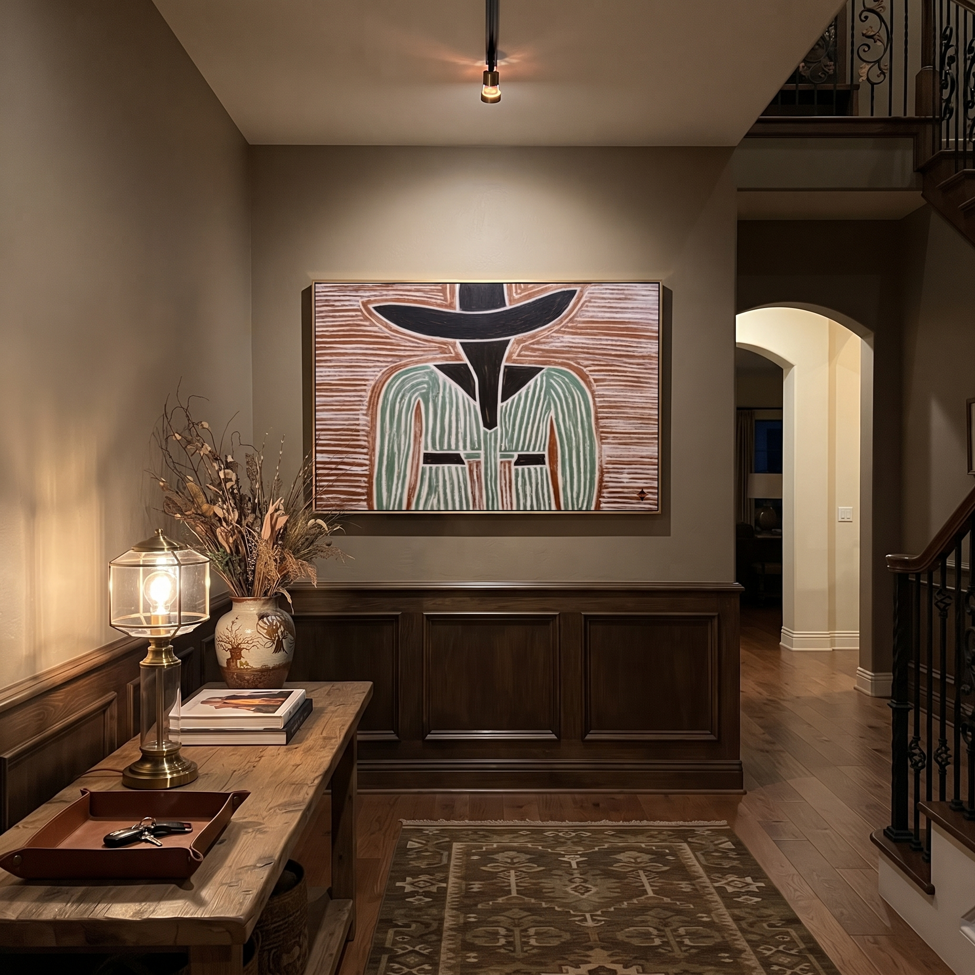Green Lines Divide Brown – Green Striped Figure painting by Adrian Lee, mid-century modern horizontal wall art – styled room scene view 5
