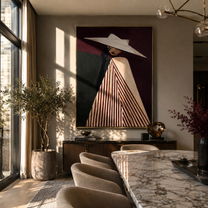 White Brim Splits Burgundy – Draped Hat Profile painting by Adrian Lee, mid-century modern vertical wall art – styled room scene view 1