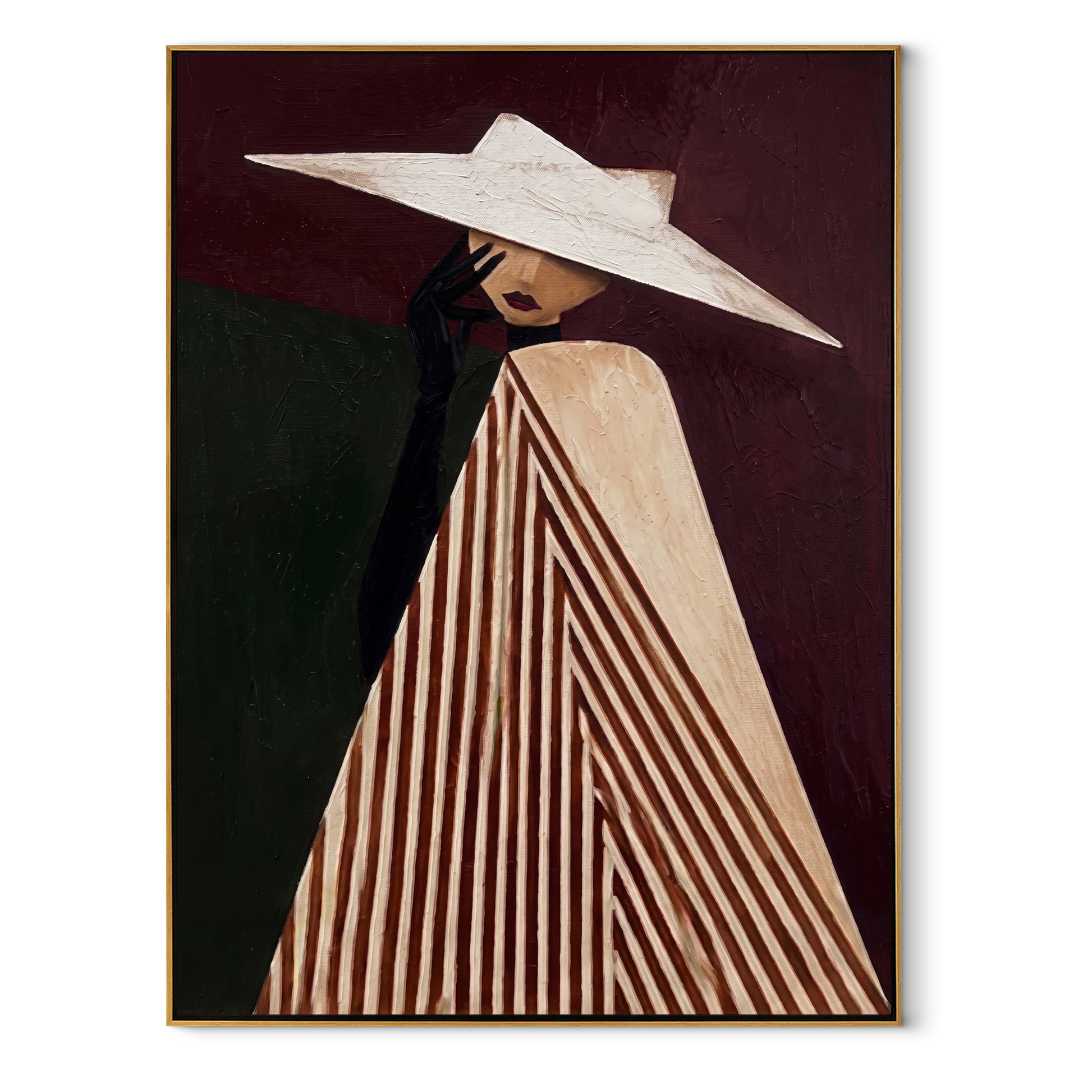 White Brim Splits Burgundy – Draped Hat Profile painting by Adrian Lee, mid-century modern vertical wall art – wood frame on white background