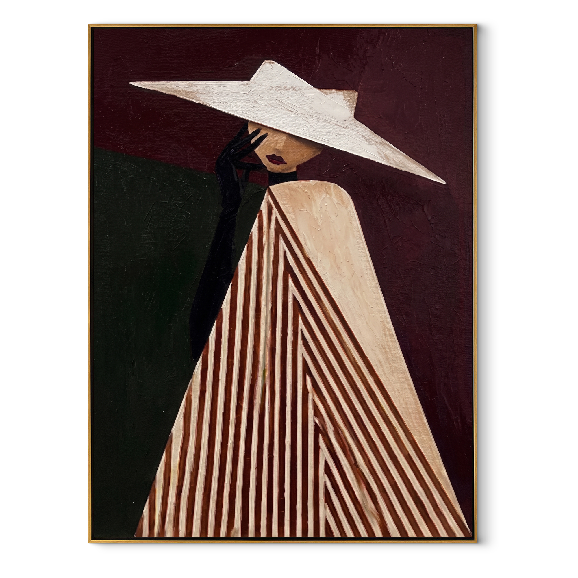 White Brim Splits Burgundy – Draped Hat Profile painting by Adrian Lee, mid-century modern vertical wall art – wood frame on white background