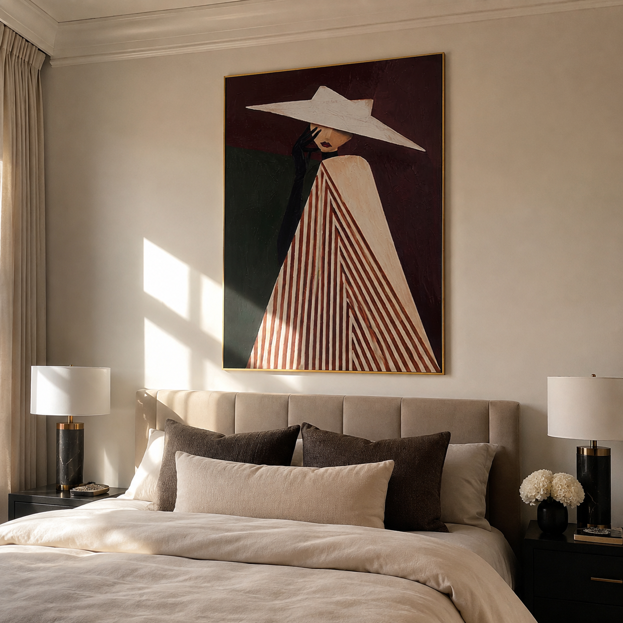 White Brim Splits Burgundy – Draped Hat Profile painting by Adrian Lee, mid-century modern vertical wall art – styled room scene view 2