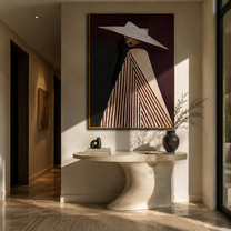 White Brim Splits Burgundy – Draped Hat Profile painting by Adrian Lee, mid-century modern vertical wall art – styled room scene view 3