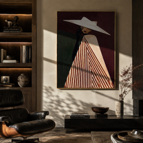 White Brim Splits Burgundy – Draped Hat Profile painting by Adrian Lee, mid-century modern vertical wall art – styled room scene view 4