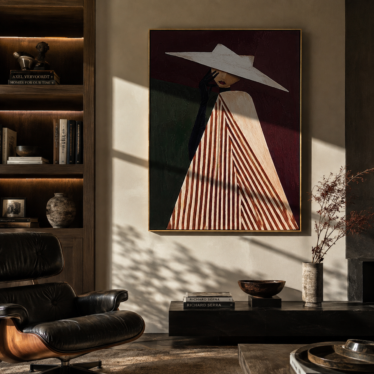 White Brim Splits Burgundy – Draped Hat Profile painting by Adrian Lee, mid-century modern vertical wall art – styled room scene view 4