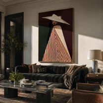 White Brim Splits Burgundy – Draped Hat Profile painting by Adrian Lee, mid-century modern vertical wall art – styled room scene view 5