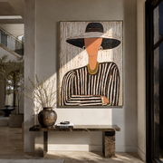 Black Brim Meets Rose – Striped Hat Portrait painting by Adrian Lee, mid-century modern vertical wall art – styled room scene view 1
