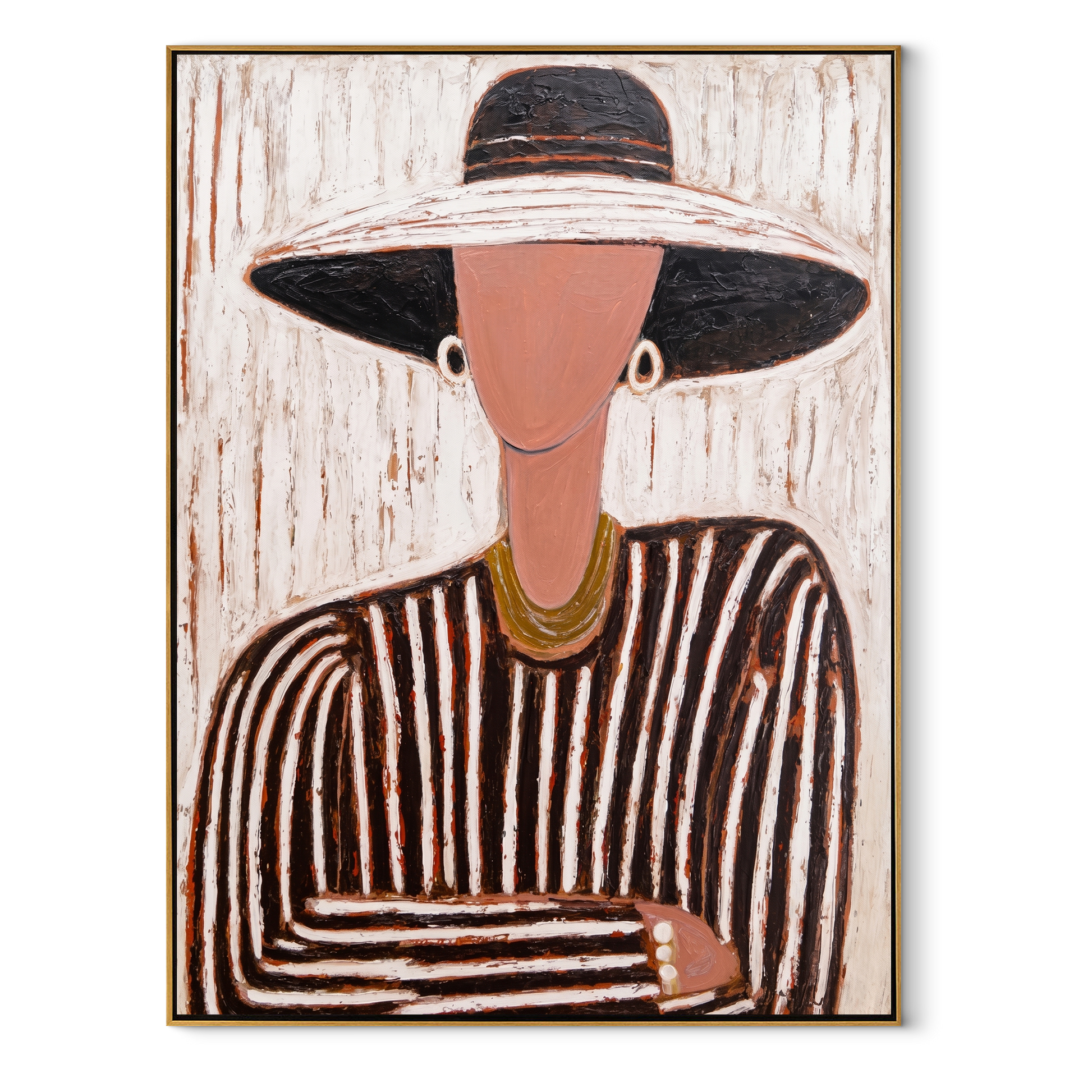 Black Brim Meets Rose – Striped Hat Portrait painting by Adrian Lee, mid-century modern vertical wall art – wood frame on white background