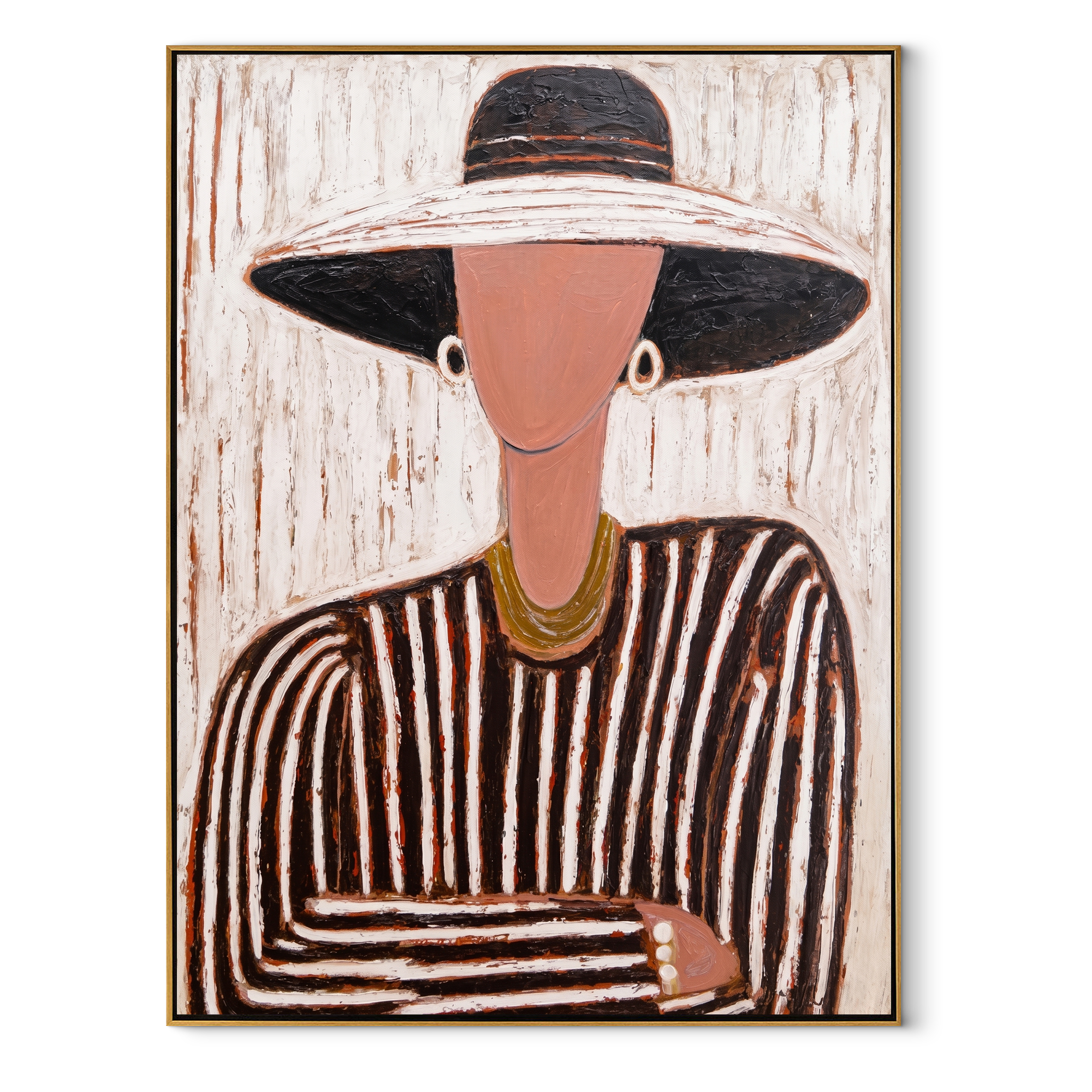 Black Brim Meets Rose – Striped Hat Portrait painting by Adrian Lee, mid-century modern vertical wall art – wood frame on white background