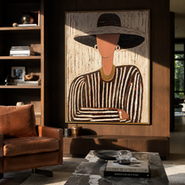 Black Brim Meets Rose – Striped Hat Portrait painting by Adrian Lee, mid-century modern vertical wall art – styled room scene view 2