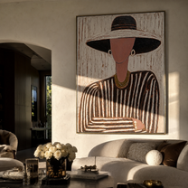 Black Brim Meets Rose – Striped Hat Portrait painting by Adrian Lee, mid-century modern vertical wall art – styled room scene view 3