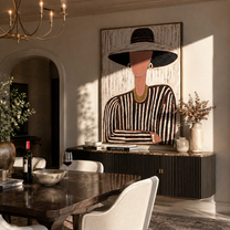 Black Brim Meets Rose – Striped Hat Portrait painting by Adrian Lee, mid-century modern vertical wall art – styled room scene view 4