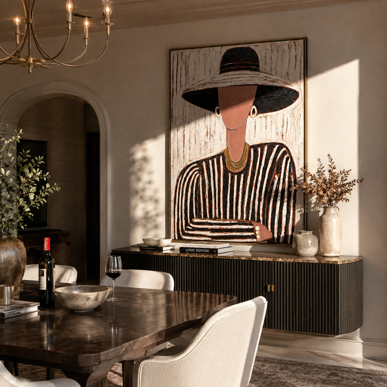 Black Brim Meets Rose – Striped Hat Portrait painting by Adrian Lee, mid-century modern vertical wall art – styled room scene view 4