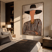 Black Brim Meets Rose – Striped Hat Portrait painting by Adrian Lee, mid-century modern vertical wall art – styled room scene view 5