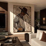 Brown Lines Turn Aside – Side View Etched Figure painting by Adrian Lee, mid-century modern vertical wall art – styled room scene view 1