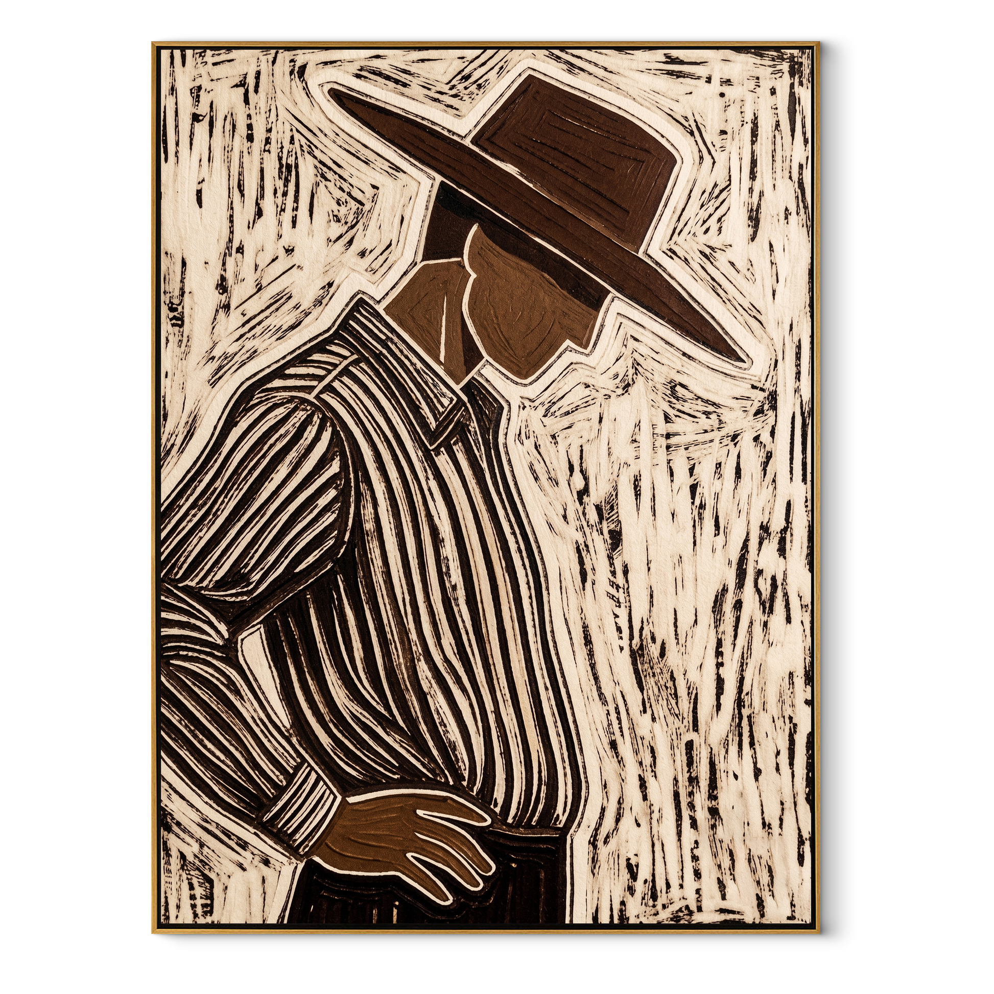 Brown Lines Turn Aside – Side View Etched Figure painting by Adrian Lee, mid-century modern vertical wall art – wood frame on white background