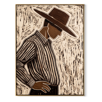 Brown Lines Turn Aside – Side View Etched Figure painting by Adrian Lee, mid-century modern vertical wall art – wood frame on white background