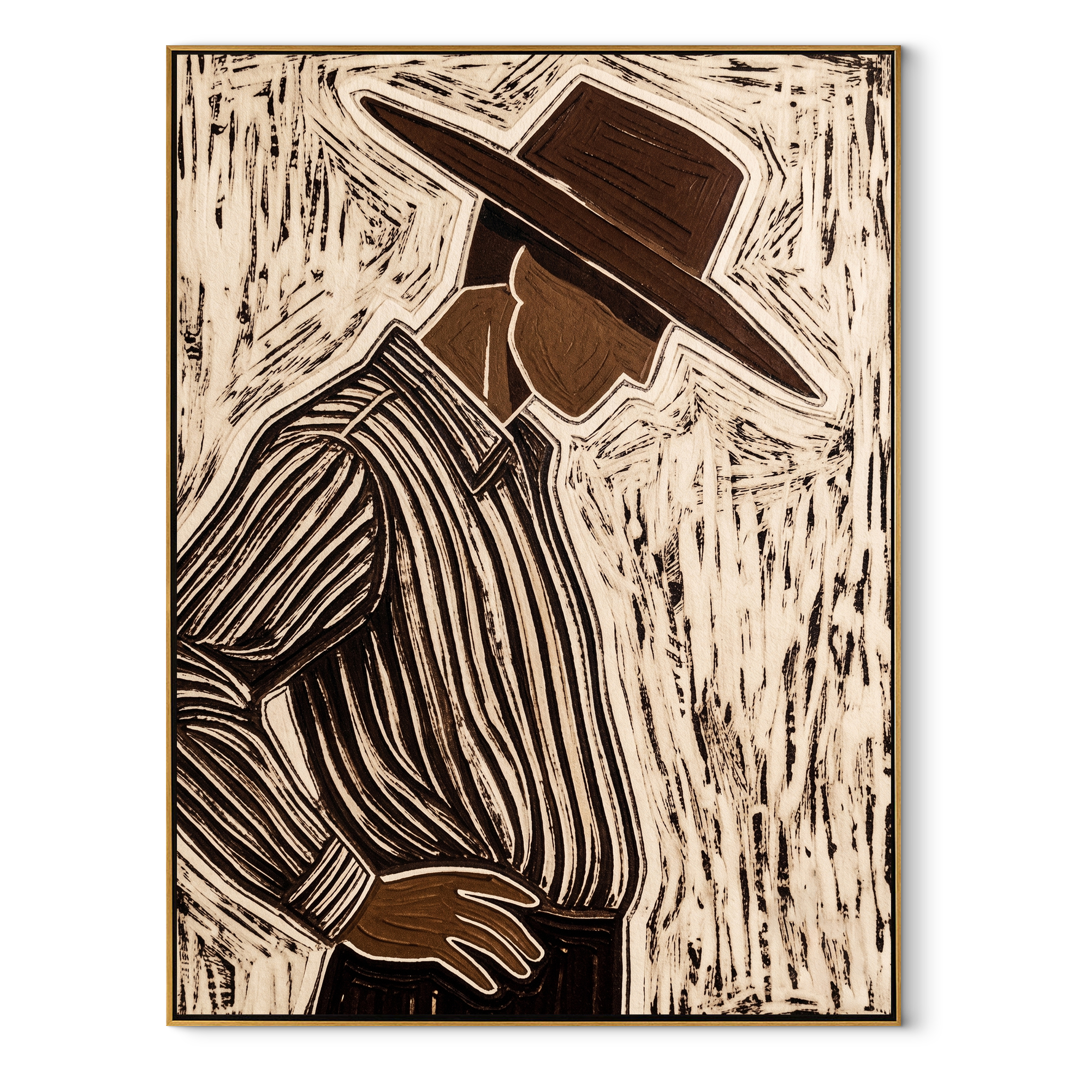 Brown Lines Turn Aside – Side View Etched Figure painting by Adrian Lee, mid-century modern vertical wall art – wood frame on white background