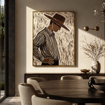 Brown Lines Turn Aside – Side View Etched Figure painting by Adrian Lee, mid-century modern vertical wall art – styled room scene view 2