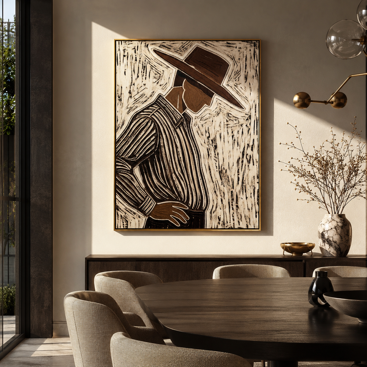 Brown Lines Turn Aside – Side View Etched Figure painting by Adrian Lee, mid-century modern vertical wall art – styled room scene view 2
