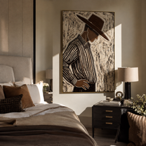 Brown Lines Turn Aside – Side View Etched Figure painting by Adrian Lee, mid-century modern vertical wall art – styled room scene view 3