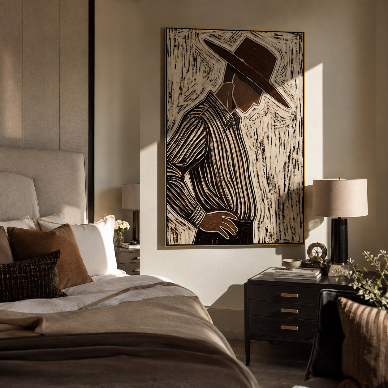 Brown Lines Turn Aside – Side View Etched Figure painting by Adrian Lee, mid-century modern vertical wall art – styled room scene view 3