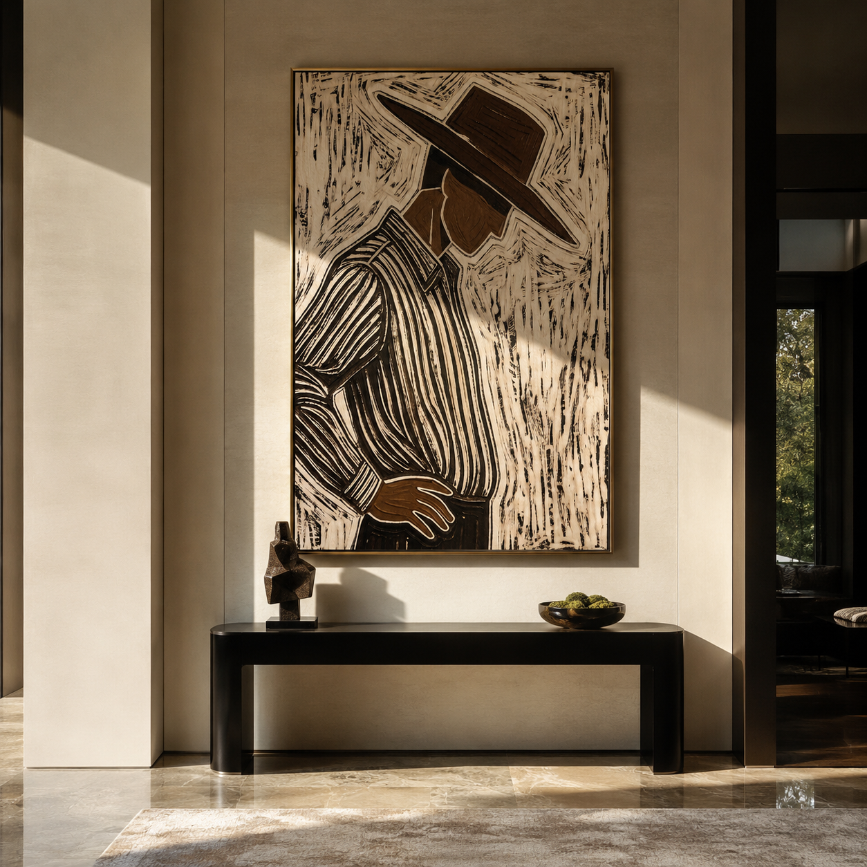 Brown Lines Turn Aside – Side View Etched Figure painting by Adrian Lee, mid-century modern vertical wall art – styled room scene view 4