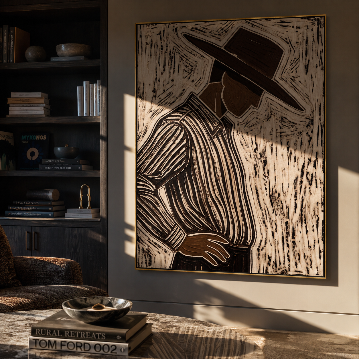 Brown Lines Turn Aside – Side View Etched Figure painting by Adrian Lee, mid-century modern vertical wall art – styled room scene view 5