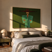 Emerald Lines Stand Firm – Green Suit Figure painting by Adrian Lee, mid-century modern horizontal wall art – styled room scene view 1