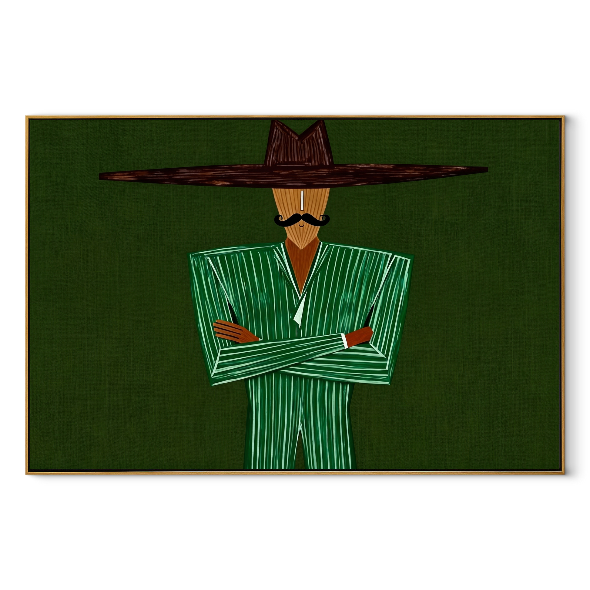 Emerald Lines Stand Firm – Green Suit Figure painting by Adrian Lee, mid-century modern horizontal wall art – wood frame on white background