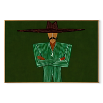 Emerald Lines Stand Firm – Green Suit Figure painting by Adrian Lee, mid-century modern horizontal wall art – wood frame on white background