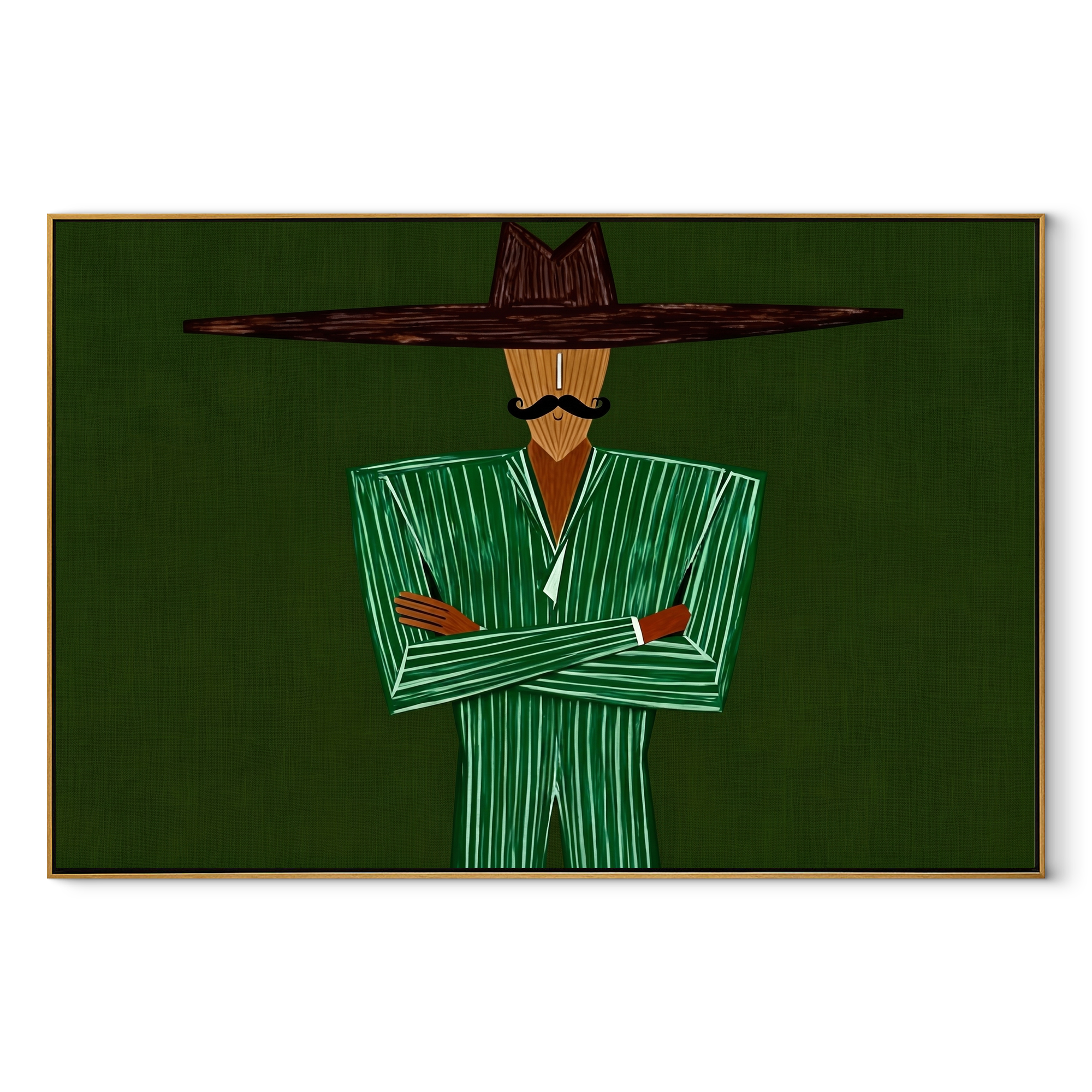 Emerald Lines Stand Firm – Green Suit Figure painting by Adrian Lee, mid-century modern horizontal wall art – wood frame on white background