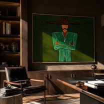 Emerald Lines Stand Firm – Green Suit Figure painting by Adrian Lee, mid-century modern horizontal wall art – styled room scene view 2