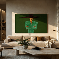Emerald Lines Stand Firm – Green Suit Figure painting by Adrian Lee, mid-century modern horizontal wall art – styled room scene view 3