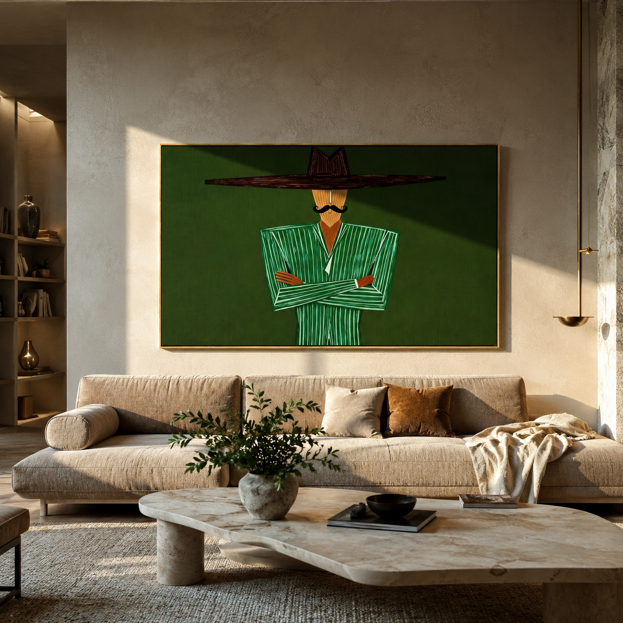 Emerald Lines Stand Firm – Green Suit Figure painting by Adrian Lee, mid-century modern horizontal wall art – styled room scene view 3