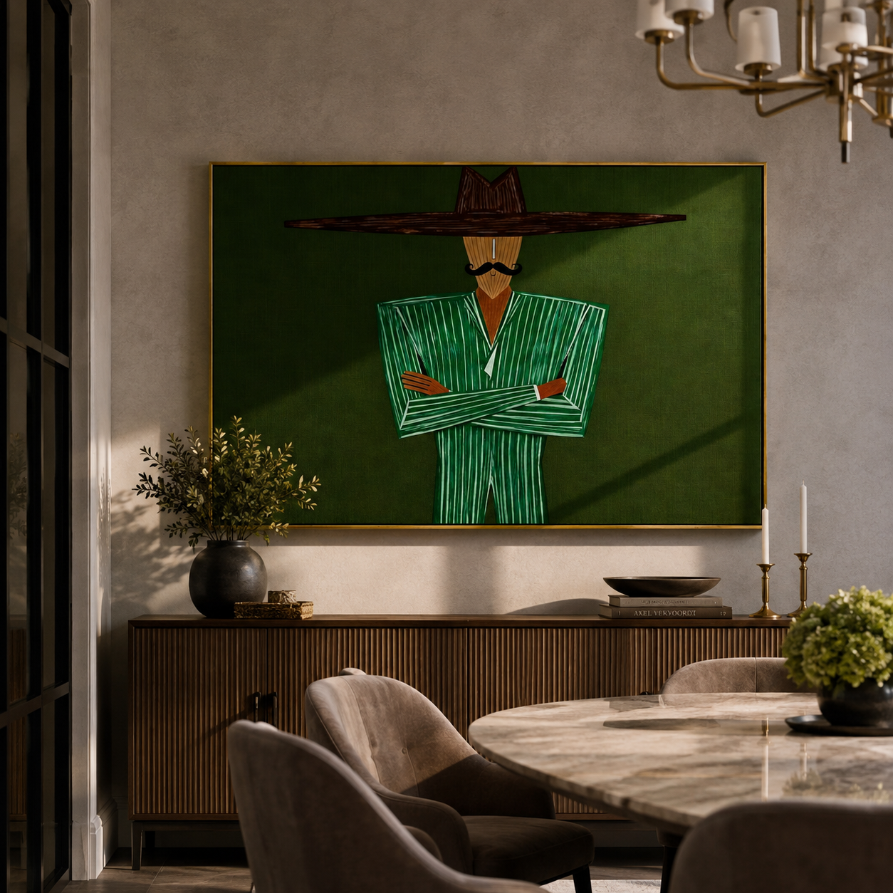 Emerald Lines Stand Firm – Green Suit Figure painting by Adrian Lee, mid-century modern horizontal wall art – styled room scene view 4