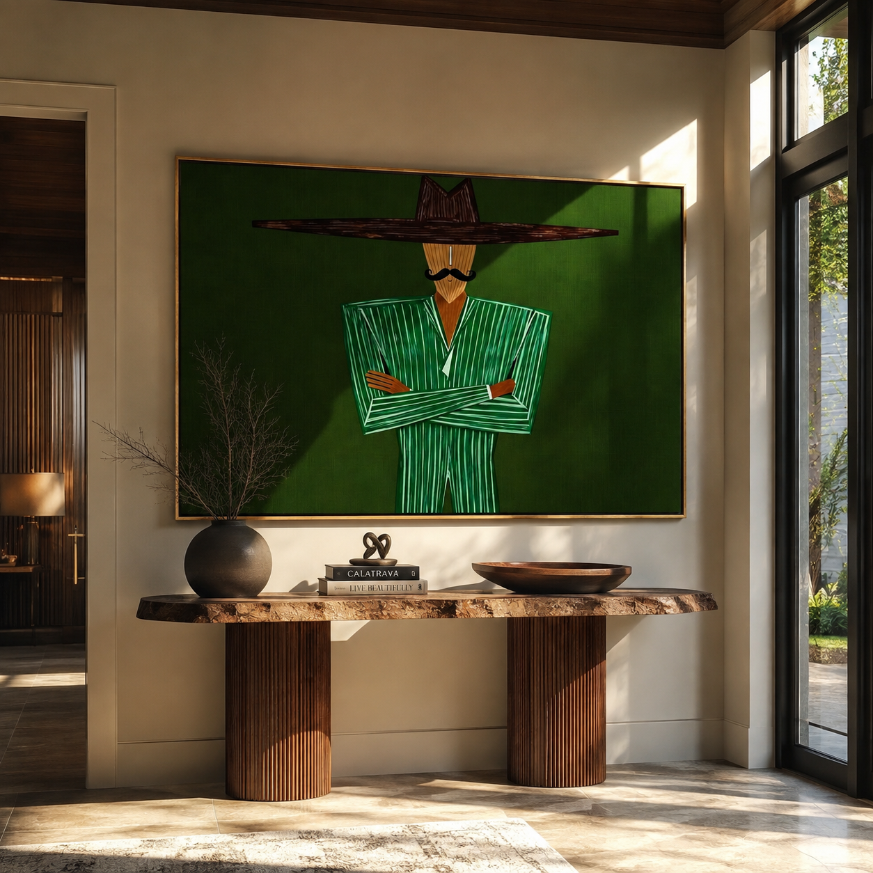 Emerald Lines Stand Firm – Green Suit Figure painting by Adrian Lee, mid-century modern horizontal wall art – styled room scene view 5