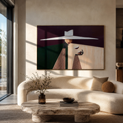 White Brim Serves Burgundy – White Hat Geometric Server painting by Adrian Lee, mid-century modern horizontal wall art – styled room scene view 1
