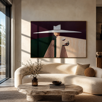 White Brim Serves Burgundy – White Hat Geometric Server painting by Adrian Lee, mid-century modern horizontal wall art – styled room scene view 1