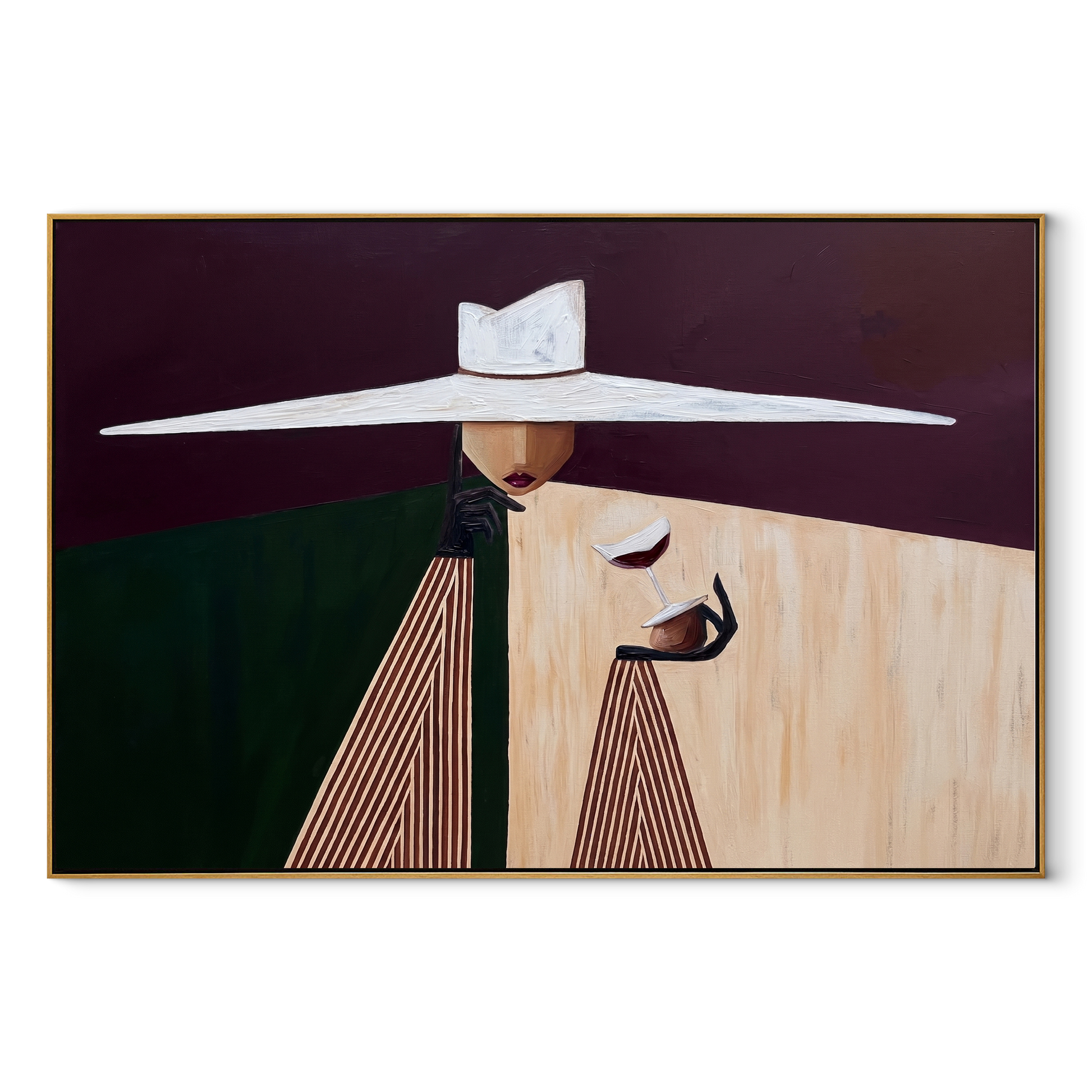 White Brim Serves Burgundy – White Hat Geometric Server painting by Adrian Lee, mid-century modern horizontal wall art – wood frame on white background