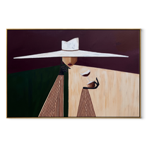 White Brim Serves Burgundy – White Hat Geometric Server painting by Adrian Lee, mid-century modern horizontal wall art – wood frame on white background
