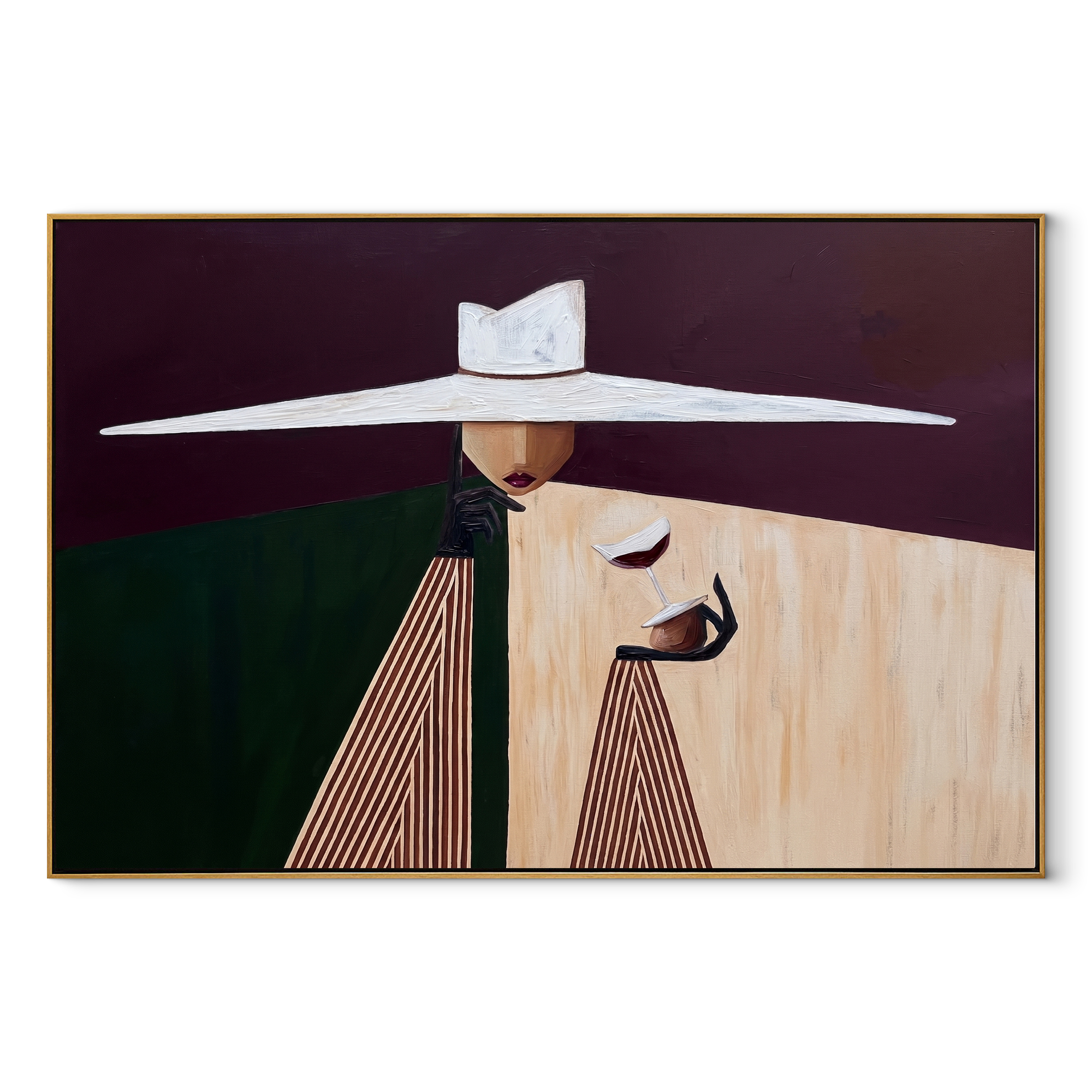 White Brim Serves Burgundy – White Hat Geometric Server painting by Adrian Lee, mid-century modern horizontal wall art – wood frame on white background