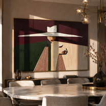 White Brim Serves Burgundy – White Hat Geometric Server painting by Adrian Lee, mid-century modern horizontal wall art – styled room scene view 2