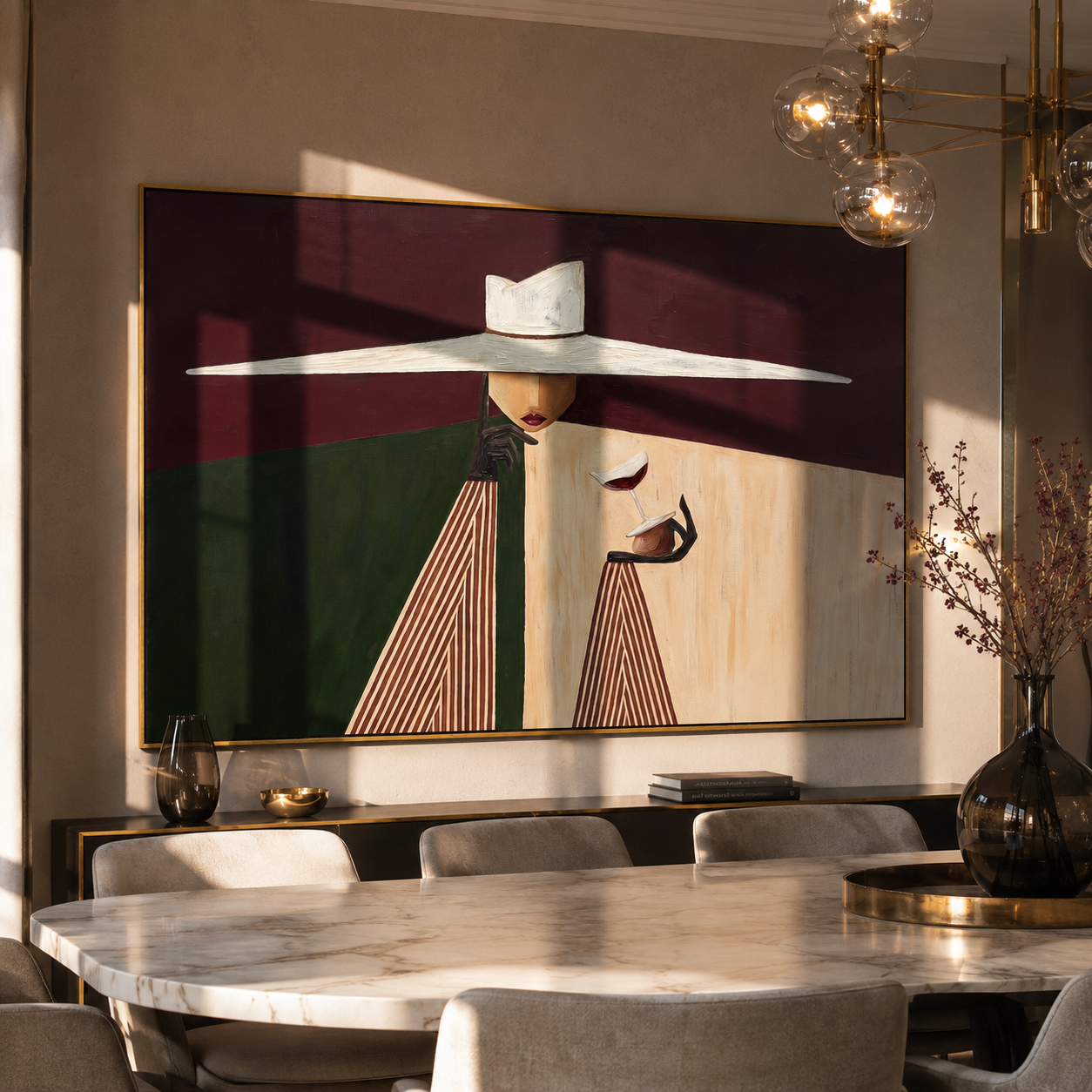 White Brim Serves Burgundy – White Hat Geometric Server painting by Adrian Lee, mid-century modern horizontal wall art – styled room scene view 2