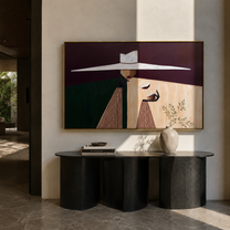 White Brim Serves Burgundy – White Hat Geometric Server painting by Adrian Lee, mid-century modern horizontal wall art – styled room scene view 3