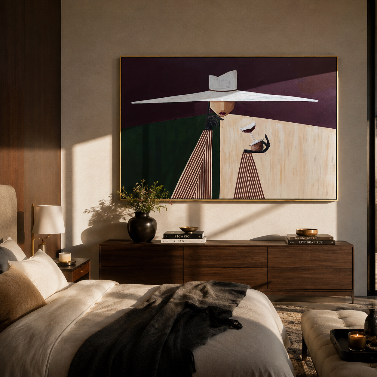 White Brim Serves Burgundy – White Hat Geometric Server painting by Adrian Lee, mid-century modern horizontal wall art – styled room scene view 4