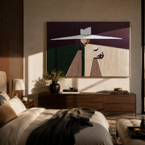 White Brim Serves Burgundy – White Hat Geometric Server painting by Adrian Lee, mid-century modern horizontal wall art – styled room scene view 4