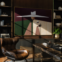 White Brim Serves Burgundy – White Hat Geometric Server painting by Adrian Lee, mid-century modern horizontal wall art – styled room scene view 5