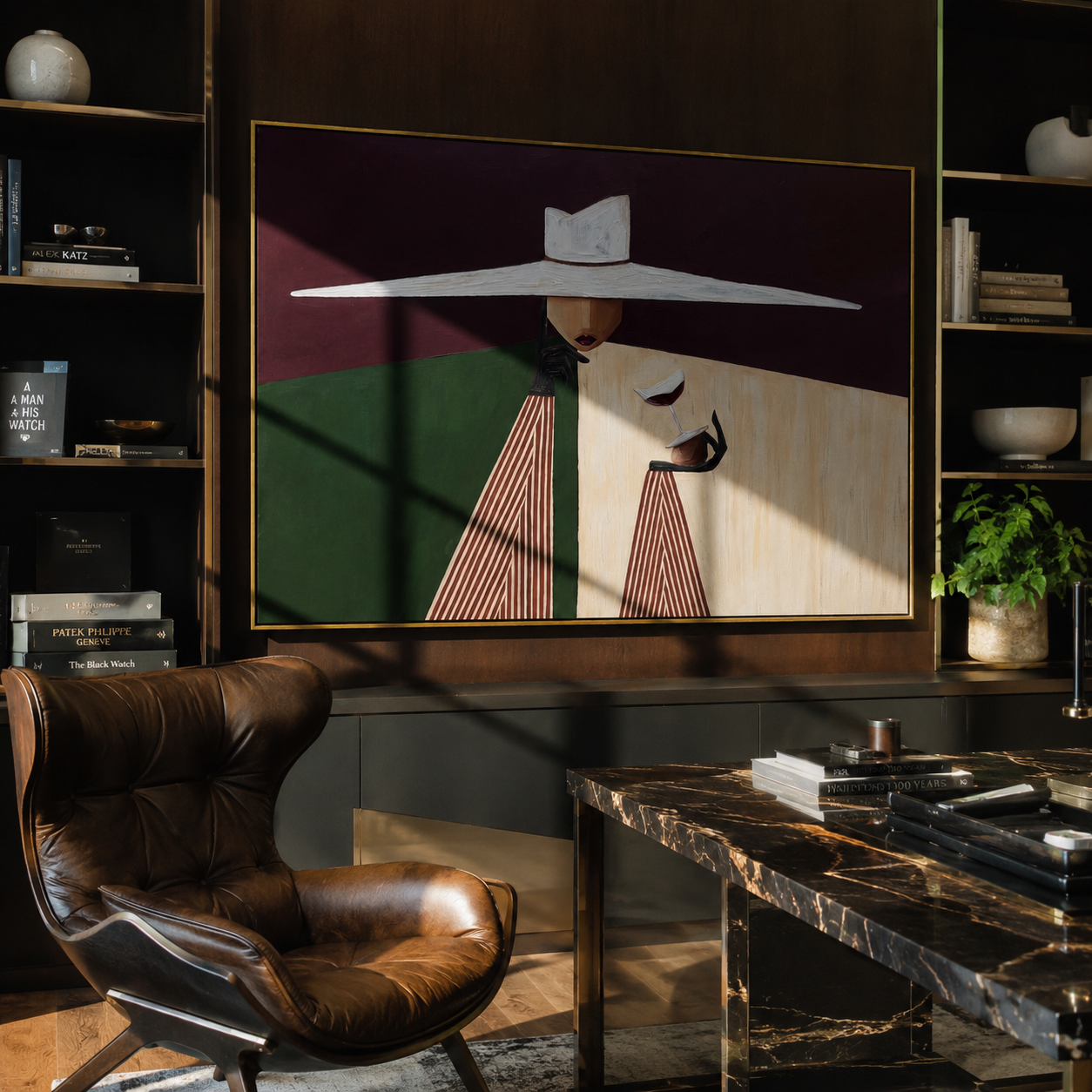 White Brim Serves Burgundy – White Hat Geometric Server painting by Adrian Lee, mid-century modern horizontal wall art – styled room scene view 5