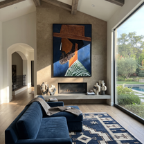 Blue Shadow Grows a Beard – Bearded Profile Figure painting by Adrian Lee, mid-century modern vertical wall art – styled room scene view 1
